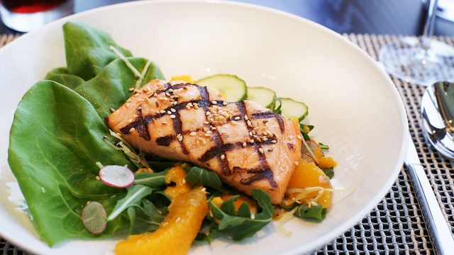 Grilled Salmon Salad  Carrot Ginger Dressing, Orange and Sesame